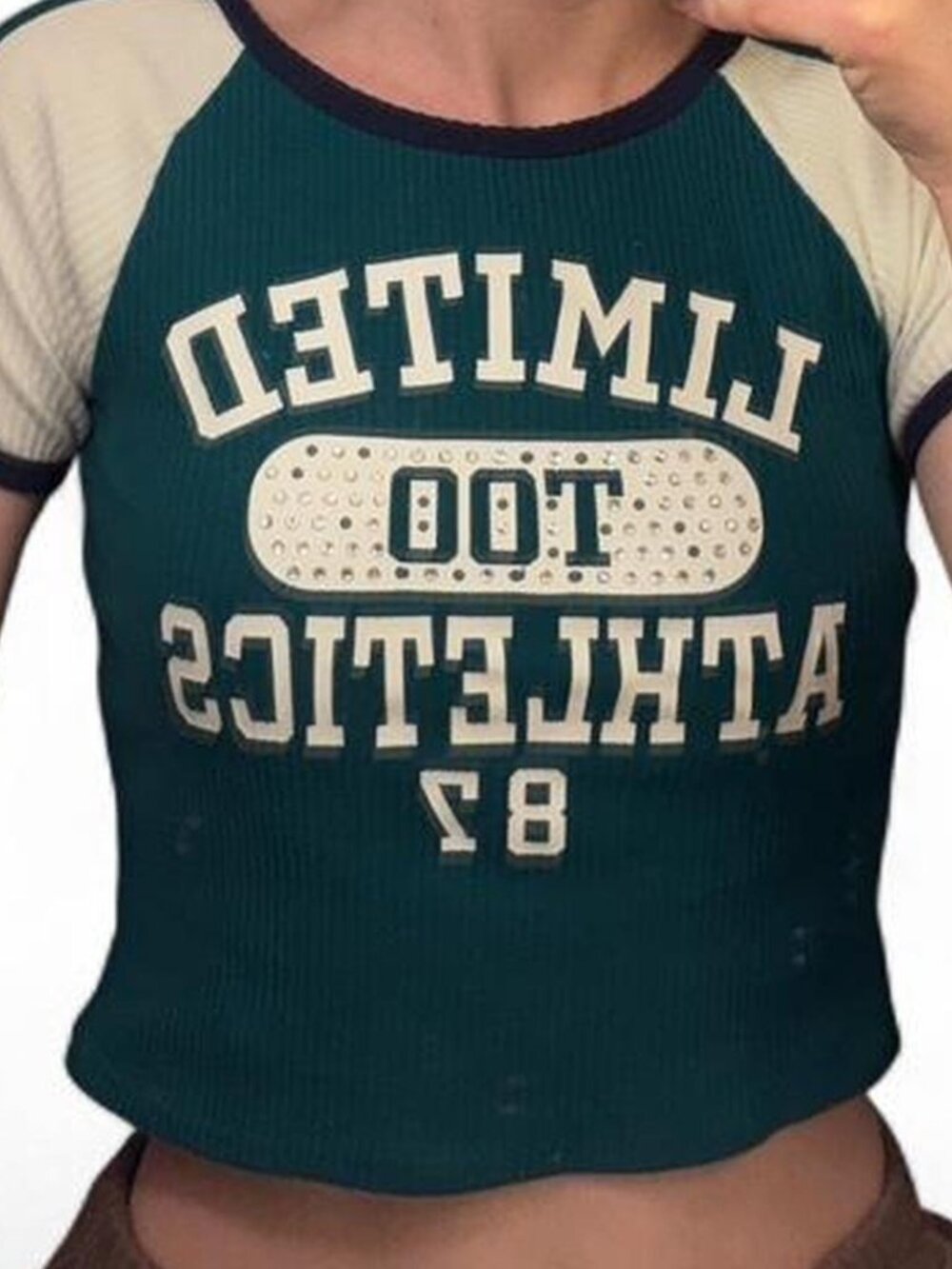 Limited Too Green & White Baby Tee W/Rhinestone Detailing, Size Youth M/Adult S